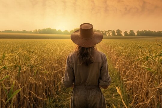 Farmer woman farm field. Generate Ai