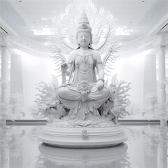 Close-up large white Buddha statue, indoors