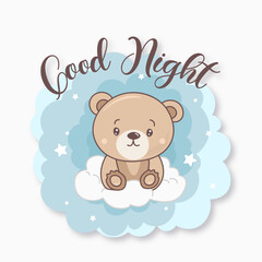 Vector little teddy sitting on the cloud and watching stars illustration cute bear 