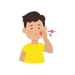 Toothache in children. Upset boy holding his cheek. Inflammation of the facial nerve. Vector illustration. Kid diseases.