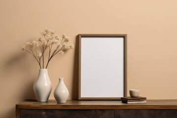 Maquette de cadre photo en bois vide accroch&eacute; sur fond de mur beige. Fleurs s&egrave;ches sur table. Int&eacute;rieur moderne. AI g&eacute;n&eacute;rative 