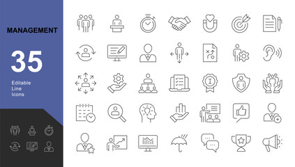 Management Line Editable Icons set. Vector illustration in modern thin line style of business icons: functions, principles, goals, and more. Pictograms and infographics for mobile apps - obrazy, fototapety, plakaty