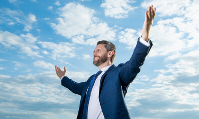 successful ceo in business suit. photo of ceo in suit. ceo in suit on sky background.
