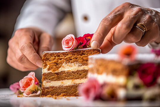 Close-up of a pastry chef's hands garnishing a beautiful cake - ai generative
