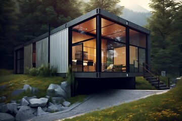 Mountain Backdrop: Shipping Container Home Design. AI