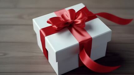Valentine present. Gift box and red ribbon for romantic couple.