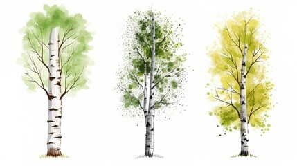set of watercolor birch tree, generative ai - obrazy, fototapety, plakaty