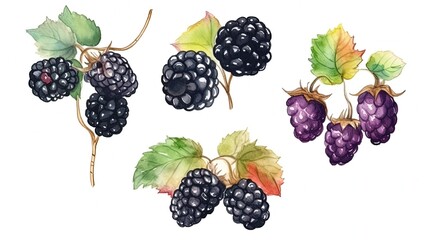 set of watercolor blackberries, generative ai - obrazy, fototapety, plakaty