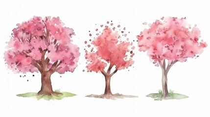 set of watercolor cherry blossom tree, generative ai
