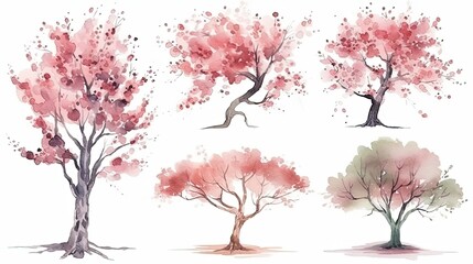 set of watercolor cherry blossom tree in spring, generative ai