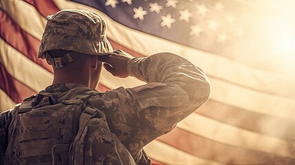 American soldier saluting the US Flag.  - obrazy, fototapety, plakaty