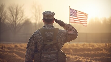 American soldier saluting the US Flag.  - obrazy, fototapety, plakaty