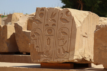 Ancient egyptian hieroglyphs carved on stone at Karnak temple, Luxor, Egypt 