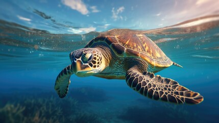 Fototapeta premium Sea turtle swimming in the Ocean, Digital Illustration, Concept Art, Generative AI