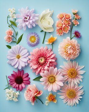 Fototapeta Various spring blooming colorful flowers on pastel blue background. Kolling. Generated AI.