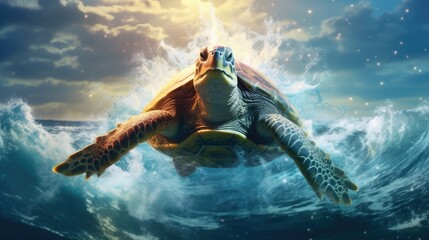 Sea turtle swimming in the Ocean and jumping out of the water, Digital Illustration, Concept Art, Generative AI