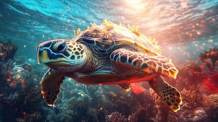 Fototapeta na wymiar Sea turtle swimming in the Ocean, Digital Illustration, Concept Art, Generative AI