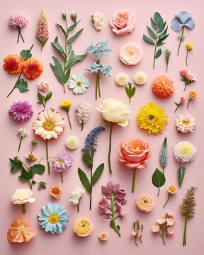 Fototapeta Various colorful spring field blooming flowers on pastel pink background. Kolling. Generated AI.