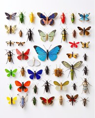 Fototapeta premium Various colorful insects, butterflies and bugs kolling on white background. Generated AI.