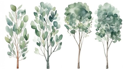 set of watercolor eucalyptus tree, generative ai