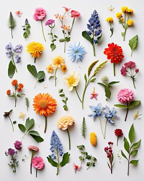 Fototapeta Various colorful spring field blooming flowers on white background. Kolling. Generated AI.