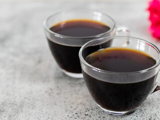 Close up shot of black coffee cups with copy space.