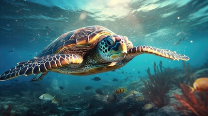 Fototapeta premium Sea turtle swimming in the Ocean, Digital Illustration, Concept Art, Generative AI
