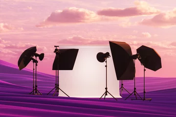 Fotobehang Photo studio with white cyclorama and modern lighting set in abstract landscape © ImageFlow