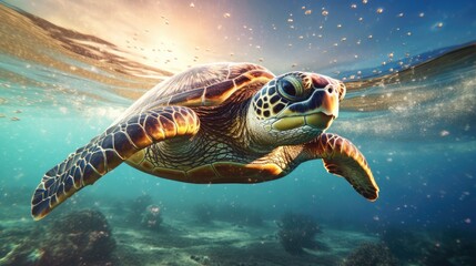 Obraz premium Sea turtle swimming in the Ocean, Digital Illustration, Concept Art, Generative AI