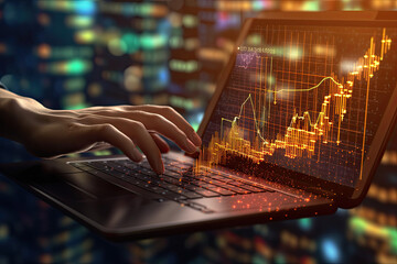 Stock market indicator on graph with a laptop screen, created with generative AI