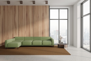 White and wooden living room interior with sofa