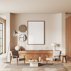 White living room with armchairs, dresser and poster © ImageFlow