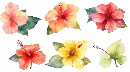 set of watercolor hibiscus, generative ai
