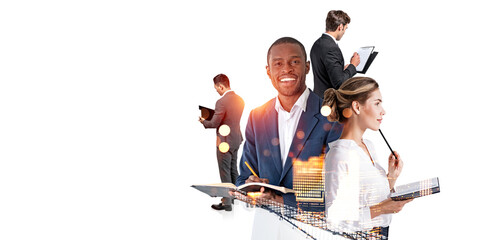 Diverse business team with documents in city