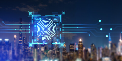 New York and biometric scanning, business data and hologram with fingerprint