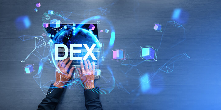Businessman working in laptop, DEX and earth sphere hologram
