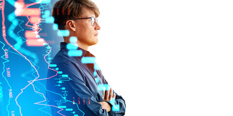 Businessman portrait with forex diagrams and candlesticks. Copy space