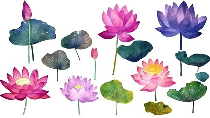 Fototapeta na wymiar set of watercolor lotus flowers, generative ai