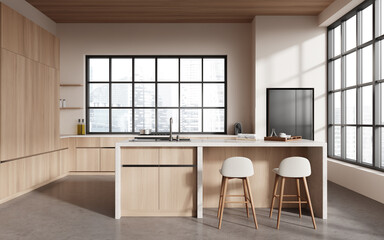 Cozy kitchen interior with bar stool, island and kitchenware, panoramic window