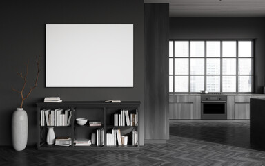 Dark kitchen interior with sideboard and cooking zone near window. Mockup frame