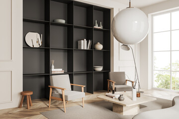 White living room corner with armchairs and bookcase © ImageFlow