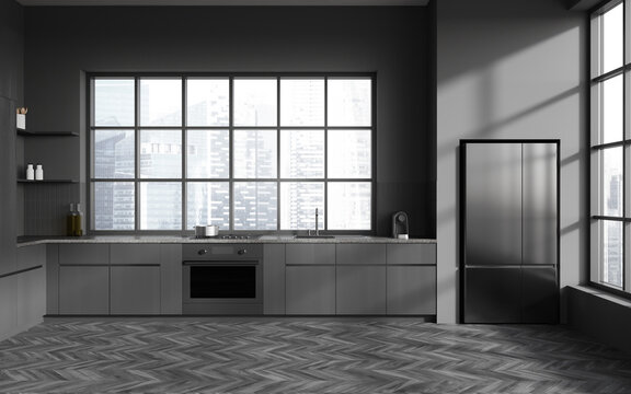 Grey kitchen interior with shelves, stove and fridge with window