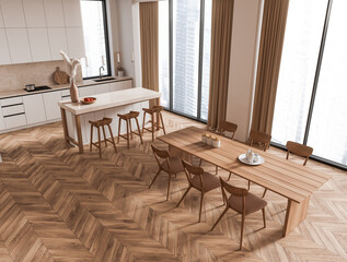 Top view of kitchen interior with bar countertop, table and panoramic window