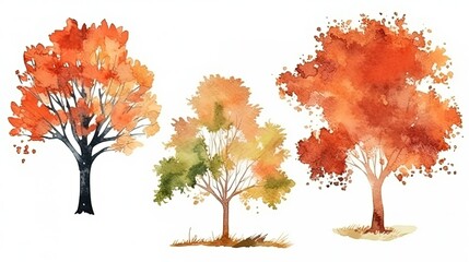 set of watercolor maple tree, generative ai
