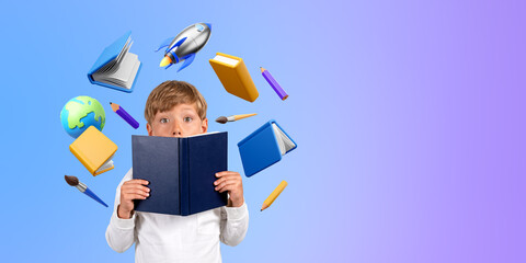 Inspired kid standing with book in hands, education icons. Copy space background