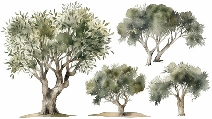 set of watercolor olive tree, generative ai