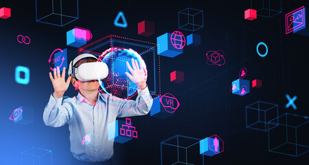 Little boy in VR glasses exploring metaverse
