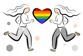 A loving relationship between two women. Lgbt flag. Vector illustration isolated on white background