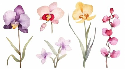Naklejka premium set of watercolor orchid flowers, generative ai