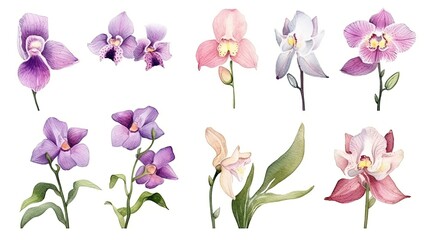 set of watercolor orchid flowers, generative ai